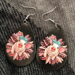 Black teardrop faux leather earrings with pig and flower